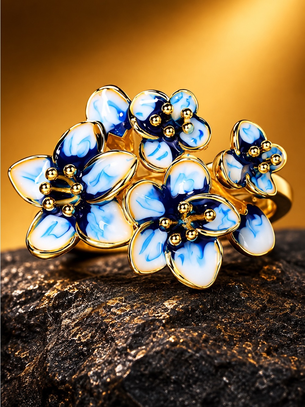925 Silver Creative Blue Flower Enamel Epoxy Zircon Ring - Picture 4 of 8